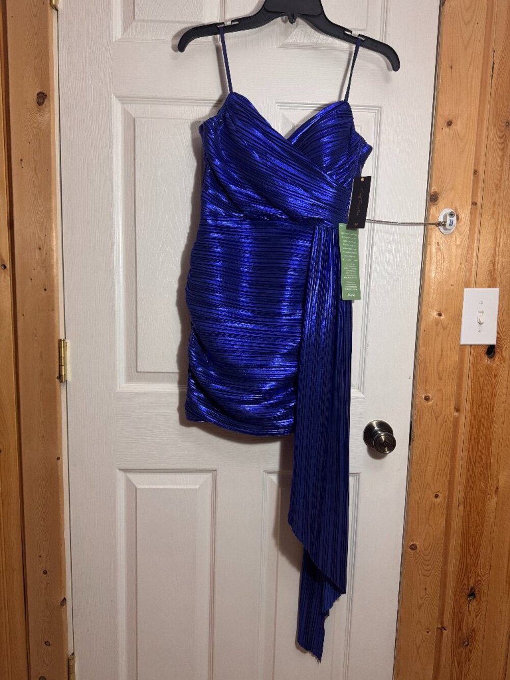 Royal Blue Metallic Ruched Mini Dress Side Drape NWT Size 2 Fits Women XXS